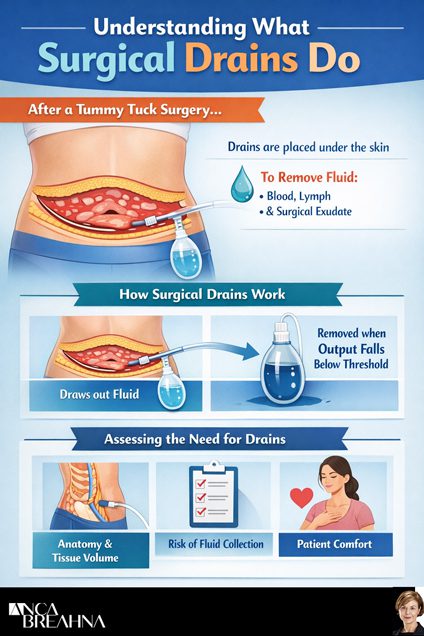 Surgical drains after tummy tuck procedure by Dr Anca Breahna INfographics